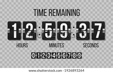 Black mechanical scoreboard with different numbers. Flip clock showing how much time: hours, minutes and seconds.