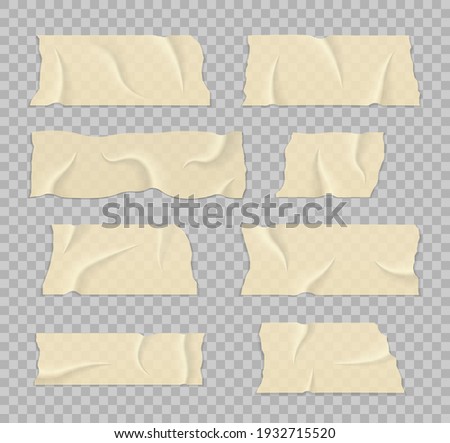 Sticky tape with shadow. Strip of brown ripped sticky tape. Transparent adhesive tape. Crumpled glue plastic sticky tape for photo and paper fixture.