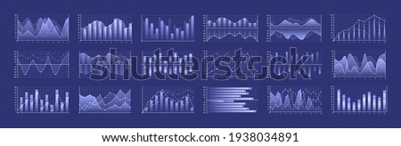Set of graphs and charts. Infographic icons including clustered column, stacked, bar, line, marked, area. Business data market.