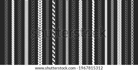 Rope brushes set. Plaits pattern. Thick cord or wire elements. Seamless marine rope texture for decoration.