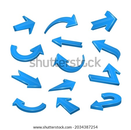 Blue 3d arrows of various shapes set. Realistic arrow twisted in various directions. Infographic object a pointer sign.