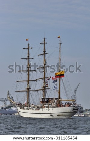 Port Ijhaven, Amsterdam, the Netherlands - August 23, 2015: The Guayas tall ship (Ecuador) on the last day of the SAIL (www.sail.nl), an international public nautical event held once in every 5 years.