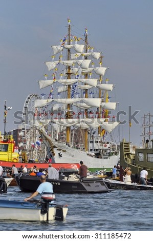 Port Ijhaven, Amsterdam, the Netherlands - August 23, 2015: The ARC Gloria tall ship (Colombia) at the time of the SAIL (www.sail.nl), an international public nautical event held every 5 years.