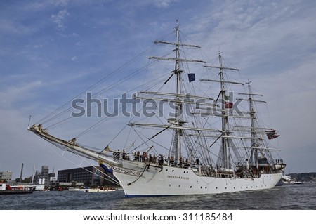 Port Amsterdam, Amsterdam, the Netherlands - August 23, 2015: The Christian Radich tall ship (Norway) at the SAIL (www.sail.nl), an international public nautical event held once in every 5 years.