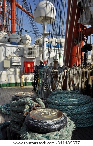 Port Ijhaven, Amsterdam, the Netherlands - August 22, 2015: The main deck of the Sedov tall ship (Russia), at the time of the SAIL 2015 (www.sail.nl), an international public nautical event.