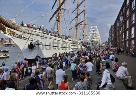 Veemkade, Amsterdam, the Netherlands - August 21, 2015: View of the Sagres tall ship (Portugal), at the time of the SAIL 2015 (www.sail.nl), an international public nautical event held every 5 years.