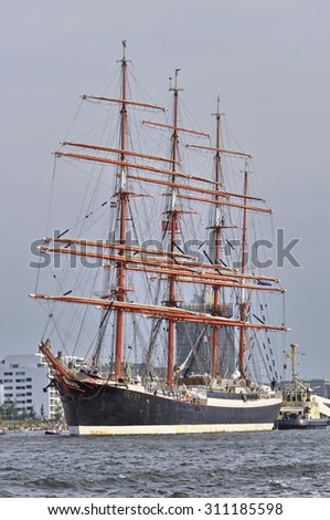 Port Amsterdam, Amsterdam, the Netherlands - August 23, 2015: The Sedov tall ship (Russia) on the last day of the SAIL (www.sail.nl), an international public nautical event held once in every 5 years.