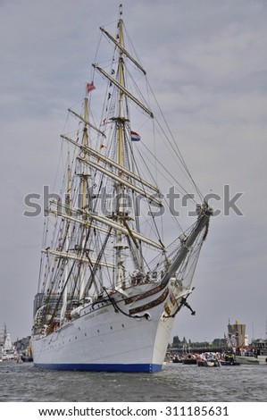 Port Ijhaven, Amsterdam, the Netherlands - August 23, 2015: The Statsraad Lehmkuhl tall ship (Norway) at the the SAIL (www.sail.nl), an international public nautical event held once in every 5 years.