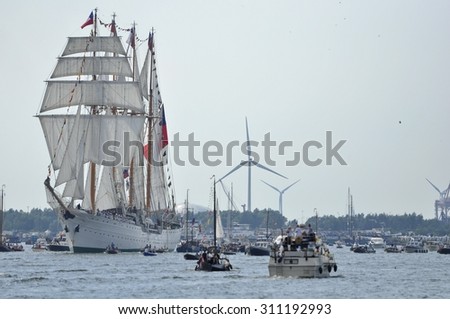 Ij River, Amsterdam, the Netherlands - August 19, 2015: The Esmeralda tall ship (Chile), approaching on day one of the SAIL (www.sail.nl), an international public nautical event held every 5 years.