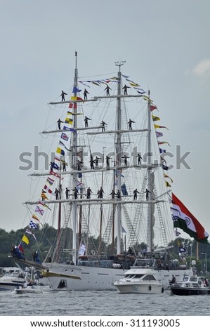 Ij River, Amsterdam, the Netherlands - August 19, 2015: The Tarangini tall ship (India), approaching on day one of the SAIL (www.sail.nl), an international public nautical event held every 5 years.