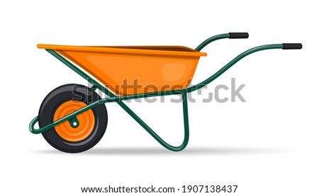 Yellow garden wheelbarrow with green handles. Vector icon isolated on white