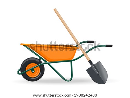 Garden wheelbarrow with a shovel. Agricultural tool. Vector icon isolated on white