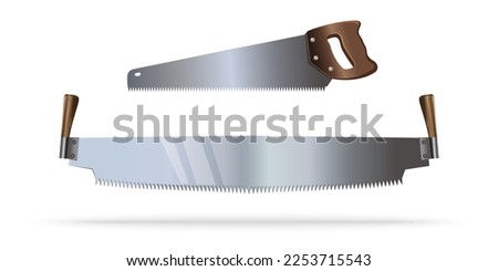 Agricultural tool - hacksaw. Handsaw set. Arm-saw. Hacksaw and large two-handed saw. Vector illustration