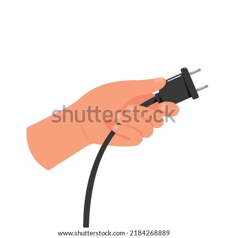 Hand holding electric plug on white background