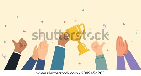 Celebrate winners with golden cup, Hand holding a winner trophy cup and many hands clapping, thumb up for celebration.