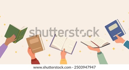 Template book in hands, Concept of reading and literature. Education and knowledge vector concept. Banner hands holding books, library day.