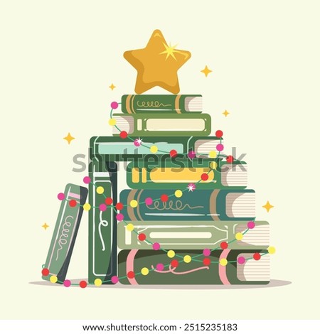 Stack of books decorate with light for Christmas tree. Merry Christmas and Happy New Year banner, greeting card, poster, holiday design.