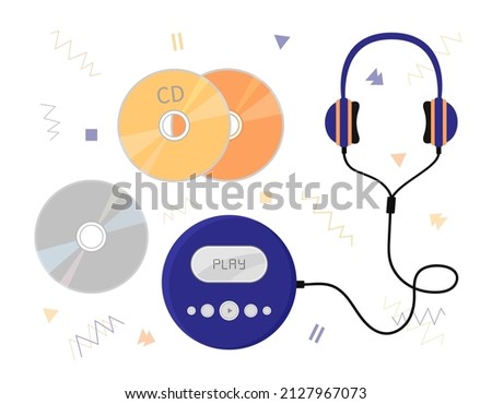 CD player and compact discs isolated. Vector set of 90s musical equipment. CD device, disk and headphones on white background. Flat retro illustration.