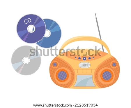 CD recorder isolated and compact disks. 90s CD stereo boombox and discs on white background. Mp3 music player. Vector flat retro illustration.