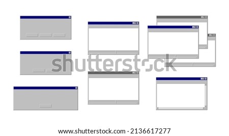 Computer system message templates. Retro 90s PC interface. Vector set of error message, blank window panel, notepad. Collection of empty copy space elements of computer operating system. 