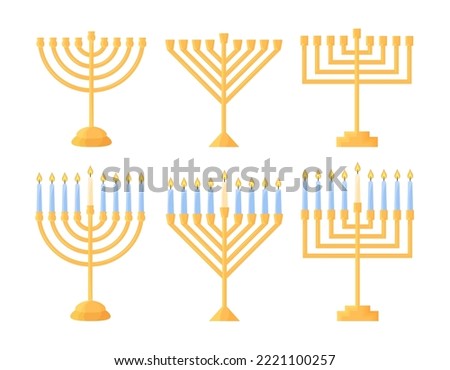 Hanukkah menorah isolated. Vector set of traditional Jewish holiday symbol. Chanukiahs of different shapes collection. Golden holders empty and with nine burning candles. Flat vector illustration Сток-фото © 