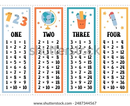 Times tables vector set. Printable multiplication table of one, two, three and four. Mathematical printout template for elementary school students in funny educational design