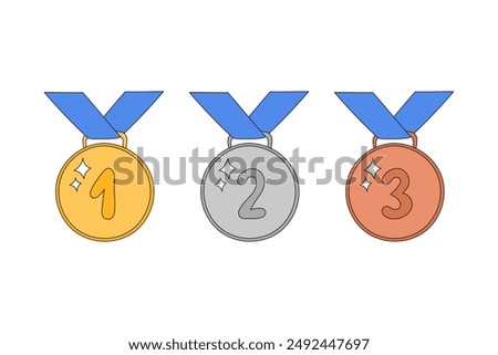 Medals with ribbon vector illustration. Doodle prizes set of golden, silver and bronze. Winner awards first, second and third places. Outline hand drawn medals isolated elements with numbers 1, 2, 3