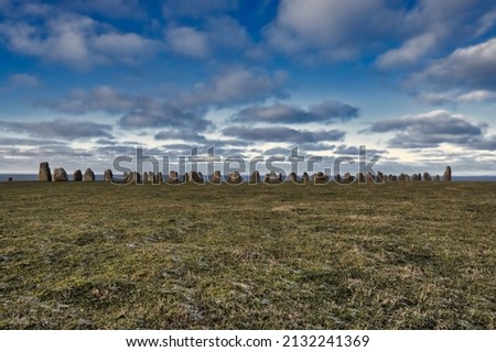 Ales stenar is a megalithic monument near Ystad in southern Sweden 商業照片 © 