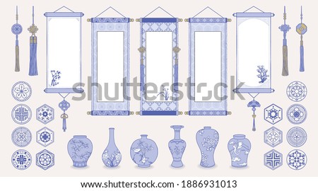 Set of hand drawn oriental elements. Asian hanging scrolls, Ceramic vases, Traditional patterns, Oriental decorations. Vector illustrations.
