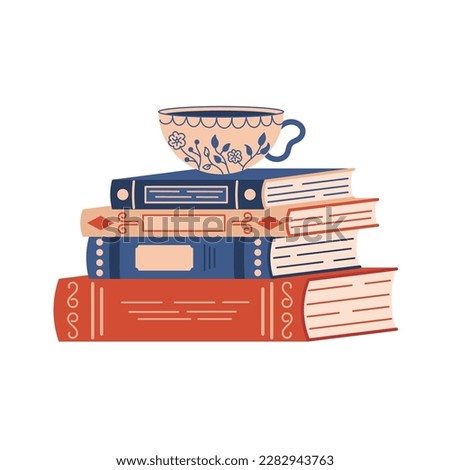 Cup of tee or coffee on a stack of books. Hand drawn vector illustration isolated on white background.