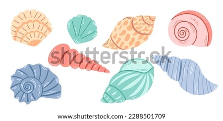 Set of colored sea shells, molluscs, scallops. Underwater shells of various shapes. Vector illustration of shellfish isolated on white background.