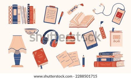 Set for cozy reading with colorful books covers, book stacks, candle, eBook, bookmark and cup of hot coffee. Vector hand drawn books with funny stuff.