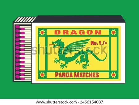 Wyvern, Draco, Monster, Tarragon, Flying lizard in matchbook, lighter belonging, lighter can, matchbox, matches vector illustration. Vintage, antique retro style packaging. Indian art old style design