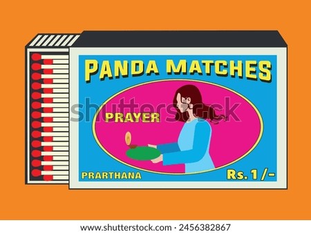 Prayer, prarthana, young beautiful lady (woman) in matchbook, lighter belonging, lighter can, matchbox, matches vector illustration. Vintage, antique retro style packaging. Indian art old style design