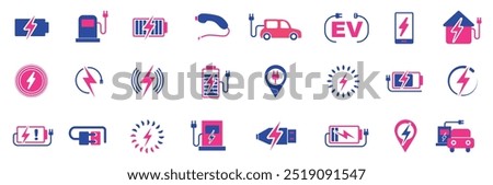 EV charging stations. Charging icon collection. two color. Vector illustration. Containing wireless charging, Battery charge level icons.charging station, electric car, lighting, electric socket, ev