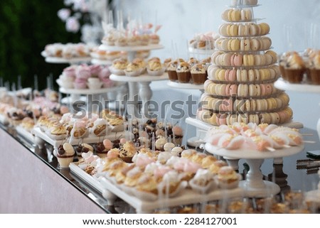 Similar – Image, Stock Photo Candy bar on wedding ceremony with a lot of different cupcakes, modern desserts, mousses and jellies. selective focus