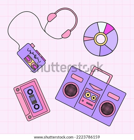 Music Set 90's in Pop Art Style. Vector Illustration Music Player, Headphones, Audio Cassette, CD Disk, Microphone, Boombox for Stickers, Logos, Prints, Patches and Social Media