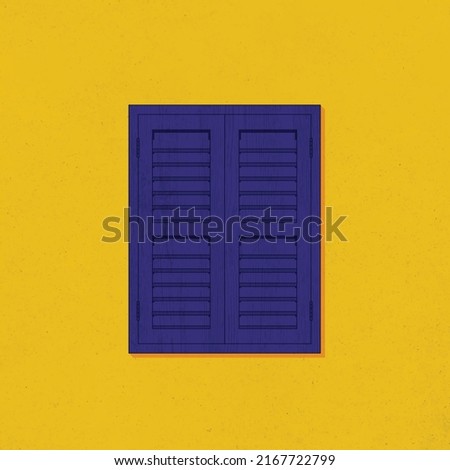 Realistic royal blue traditional style closed window on plaster yellow wall vector illustration graphic resource