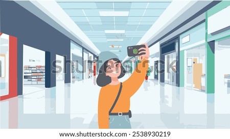 Happy girl taking selfie in shopping mall