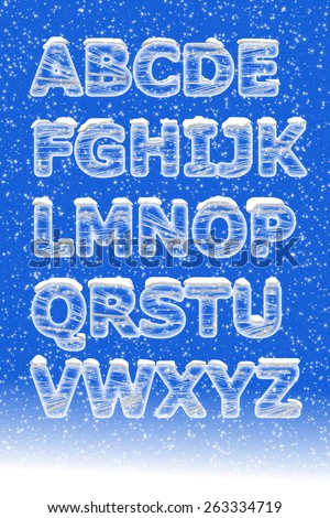 Ice letters forming the english alphabet made from ice and snow placed against a blue background.