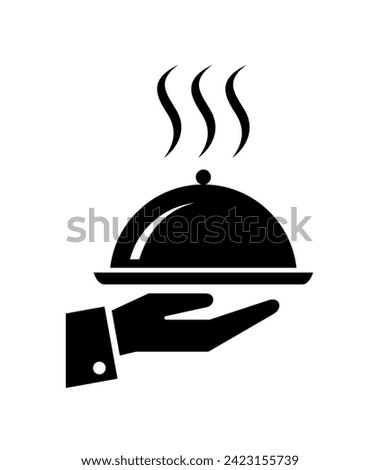 Waiter hand or cloche icon. Symbol of service, menu or catering. Hand with a tray, an attribute of cafes, restaurants or hotels. Designation of breakfast, lunch or dinner.