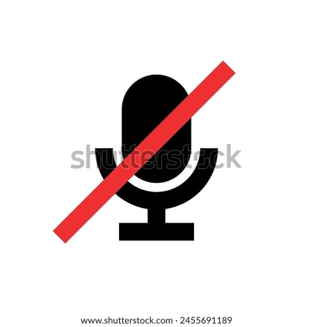 Crossed out microphone (mike) icon. Symbol of voice or sound. Pictogram for turning the sound on and off. An attribute of a singer, speaker, or announcer.