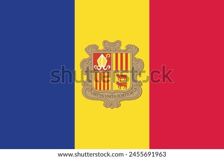 Flag of Andorra. Andorran tricolor with the coat of arms in the center. State symbol of the Principality of Andorra.
