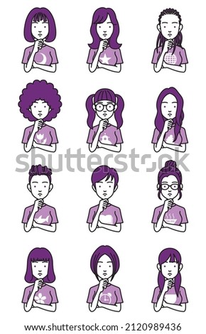 Simple illustration of a woman with different hair styles in a thinking pose.