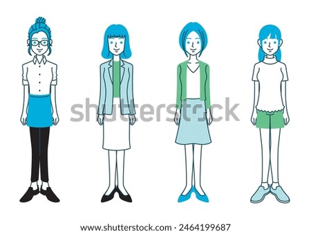 Illustration of a woman with various hairstyles and clothes, in simple colors.