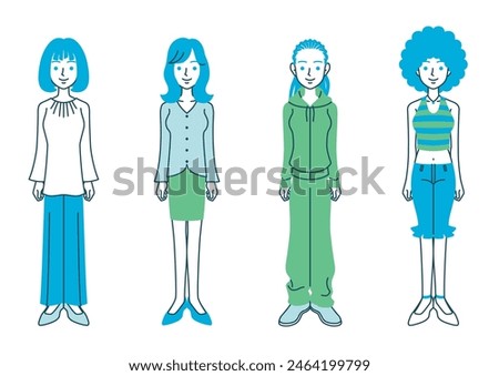 Illustration of a woman with various hairstyles and clothes, in simple colors.