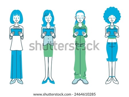 Simple color illustration of a woman with various hairstyles and outfits looking at a tablet device.