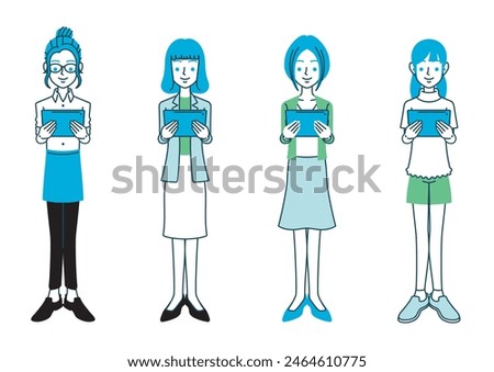 Simple color illustration of a woman with various hairstyles and outfits looking at a tablet device.