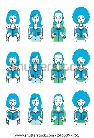 Simple illustration of a woman with various hairstyles and outfits, looking at a book and showing various reactions.