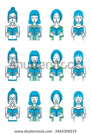 Simple illustration of a woman with various hairstyles and outfits, looking at a book and showing various reactions.